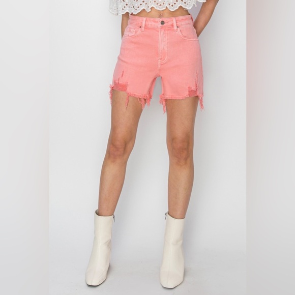 NWT RISEN Coral Pink High Rise Distressed Raw Hem Denim Shorts - Picture 3 of 8